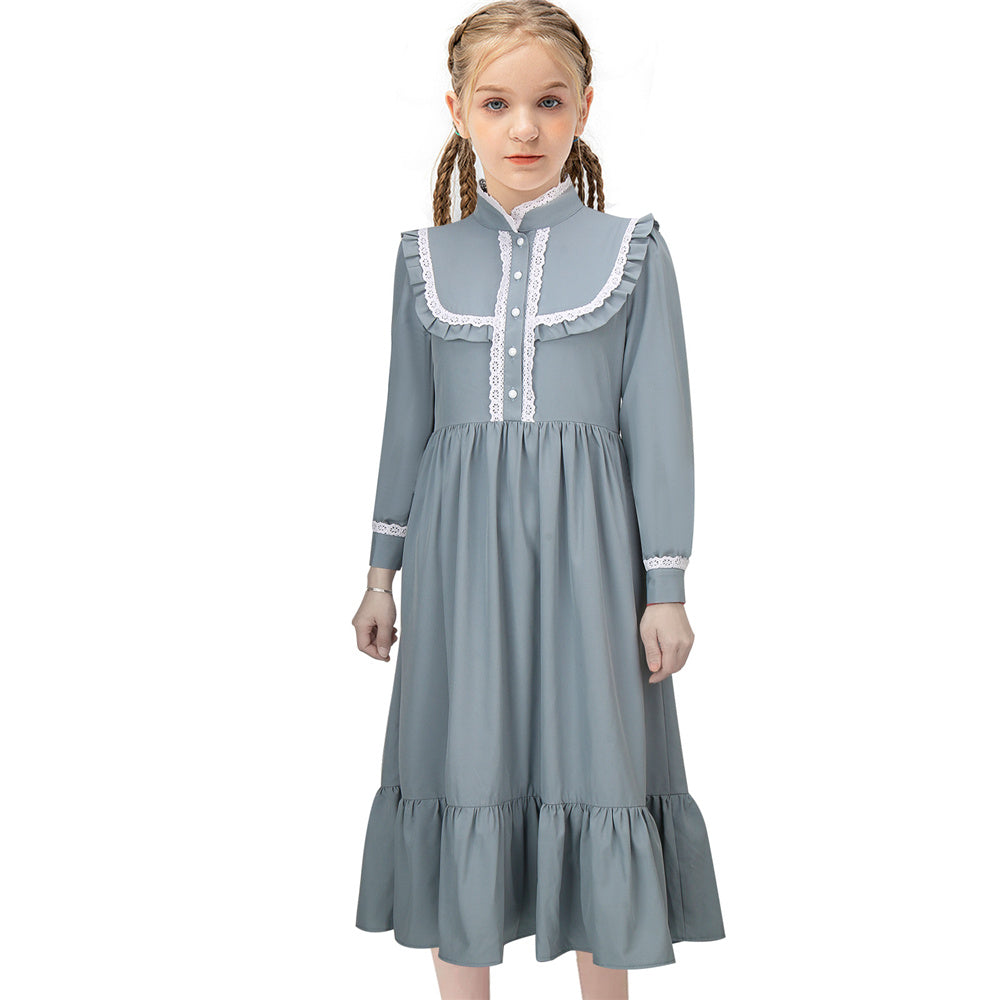 Harriet Tubman Colonial Girl Costume Prairie Pioneer Dress for Kids Gray Blue Vikidoky