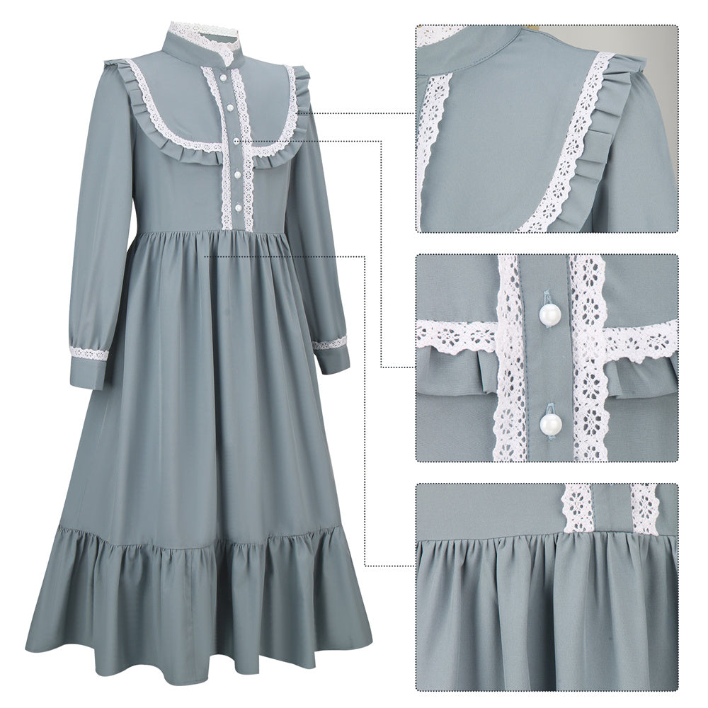 Harriet Tubman Colonial Girl Costume Prairie Pioneer Dress for Kids Gray Blue Vikidoky