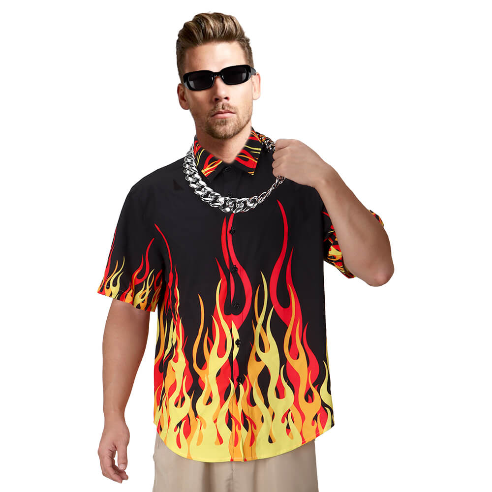 Vikidoky Guy Fieri Flame Button Down T-Shirt For Men VikiDoky Vikidoky Guy Fieri Flame Button Down T-Shirt For Men VikiDoky