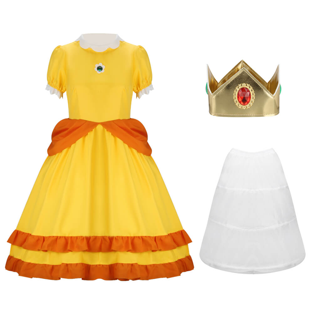 Girls Princess Daisy Dress Mario Cosplay Costume