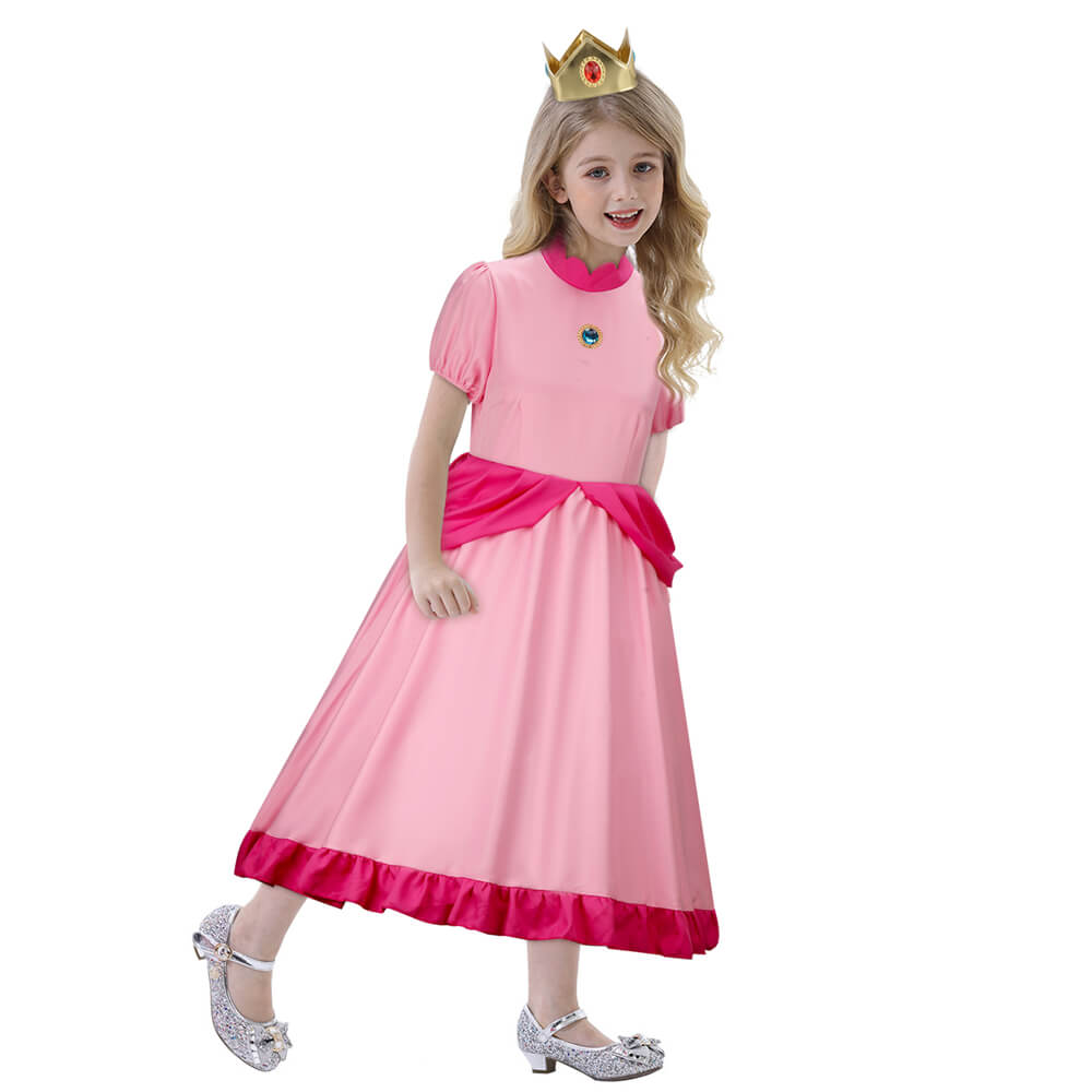 Girls Princess Peach Dress Mario Cosplay Costume Vikidoky