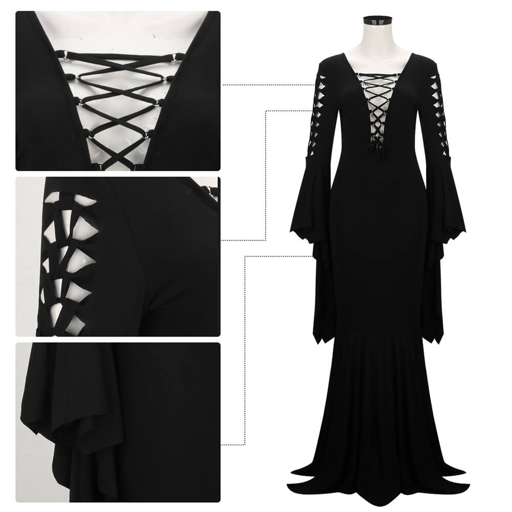 Gothic Morticia Party Dress Cosplay Outfits Retro Long Dress Vikidoky