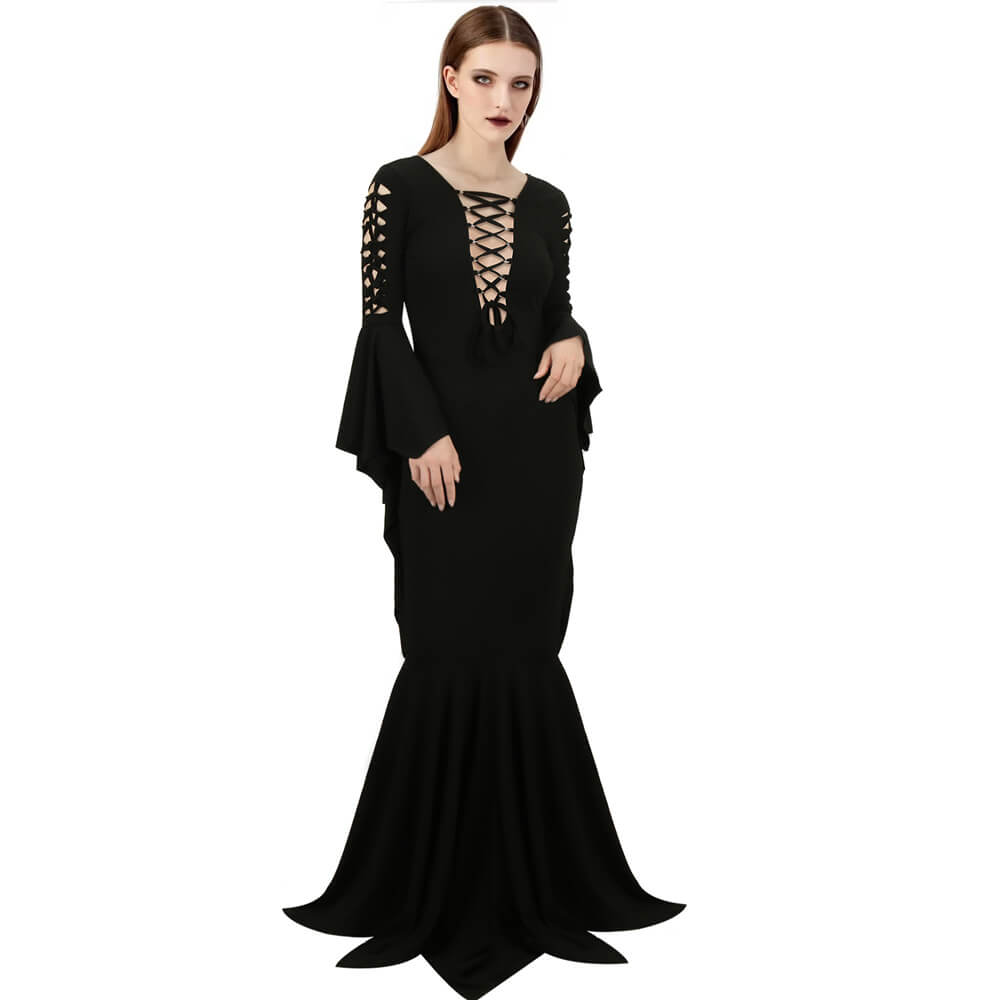 long black morticia dress Leather look Morticia Addams dress with Wizard sleeves and scoop neck, various hem and neck lines available made to measure
