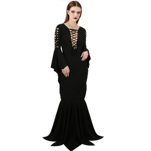 Gothic Morticia Party Dress Cosplay Outfits Retro Long Dress Vikidoky