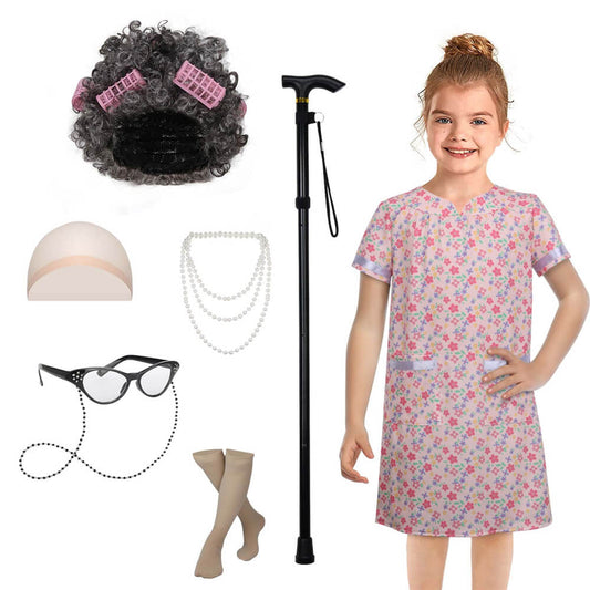 100th Day of School Grandma Costume Kids Old Lady Suits Vikidoky