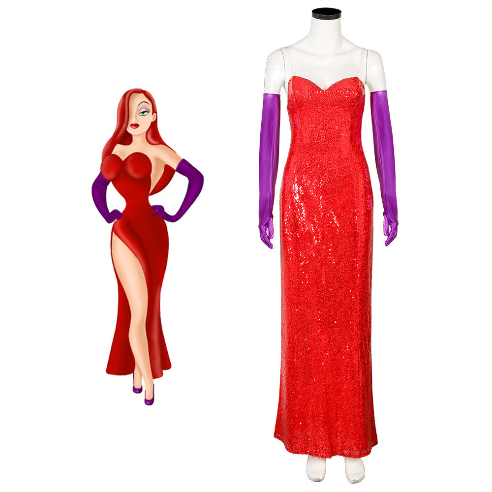Who Framed Roger Rabbit Jessica Rabbit Cosplay Dress with Gloves Vikidoky