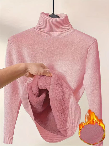 Fleece Turtle Neck Sweater Winter Warm Elegant Thick Knitted Pullover Tops Women's Clothing